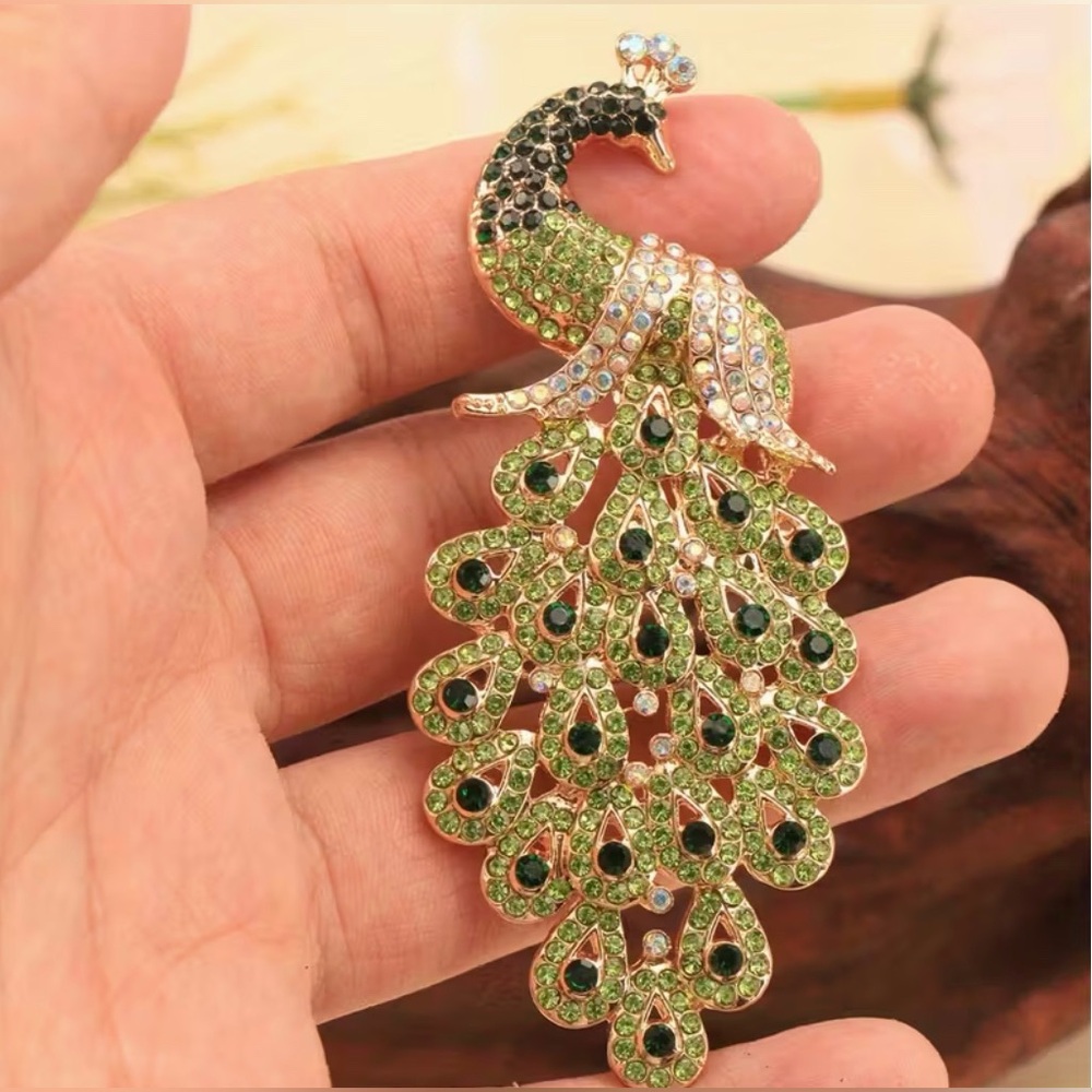 Peacock Rhinestone Encrusted Brooch Modern New Gold Tone